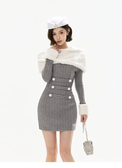 DETACHABLE FUR ONE-SHOULDER KNIT DRESS