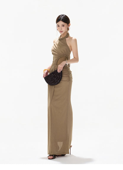 HALTER CUTOUT TULLE DRAPED EVENING DRESS
