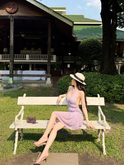 HALTER CHIFFON BACKLESS MINI DRESS