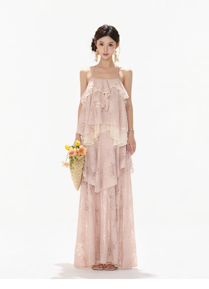 【日本在庫 】FRENCH LACE TIERED RUFFLE MAXI DRESS