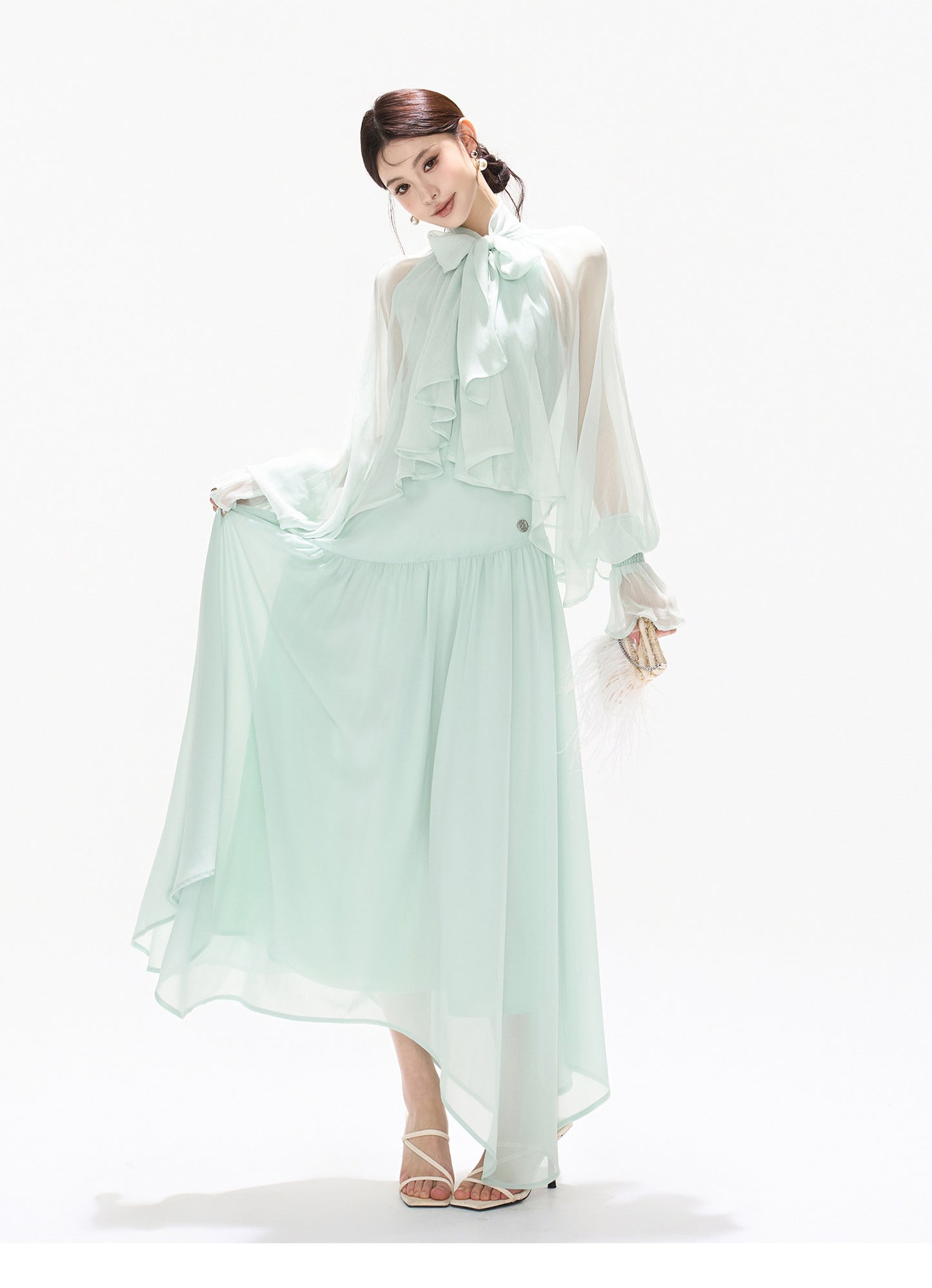 BOW HALTER ASYMMETRIC CHIFFON MAXI DRESS