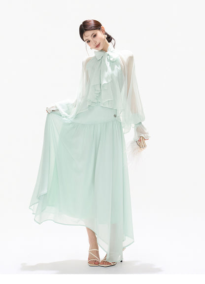 BOW HALTER ASYMMETRIC CHIFFON MAXI DRESS