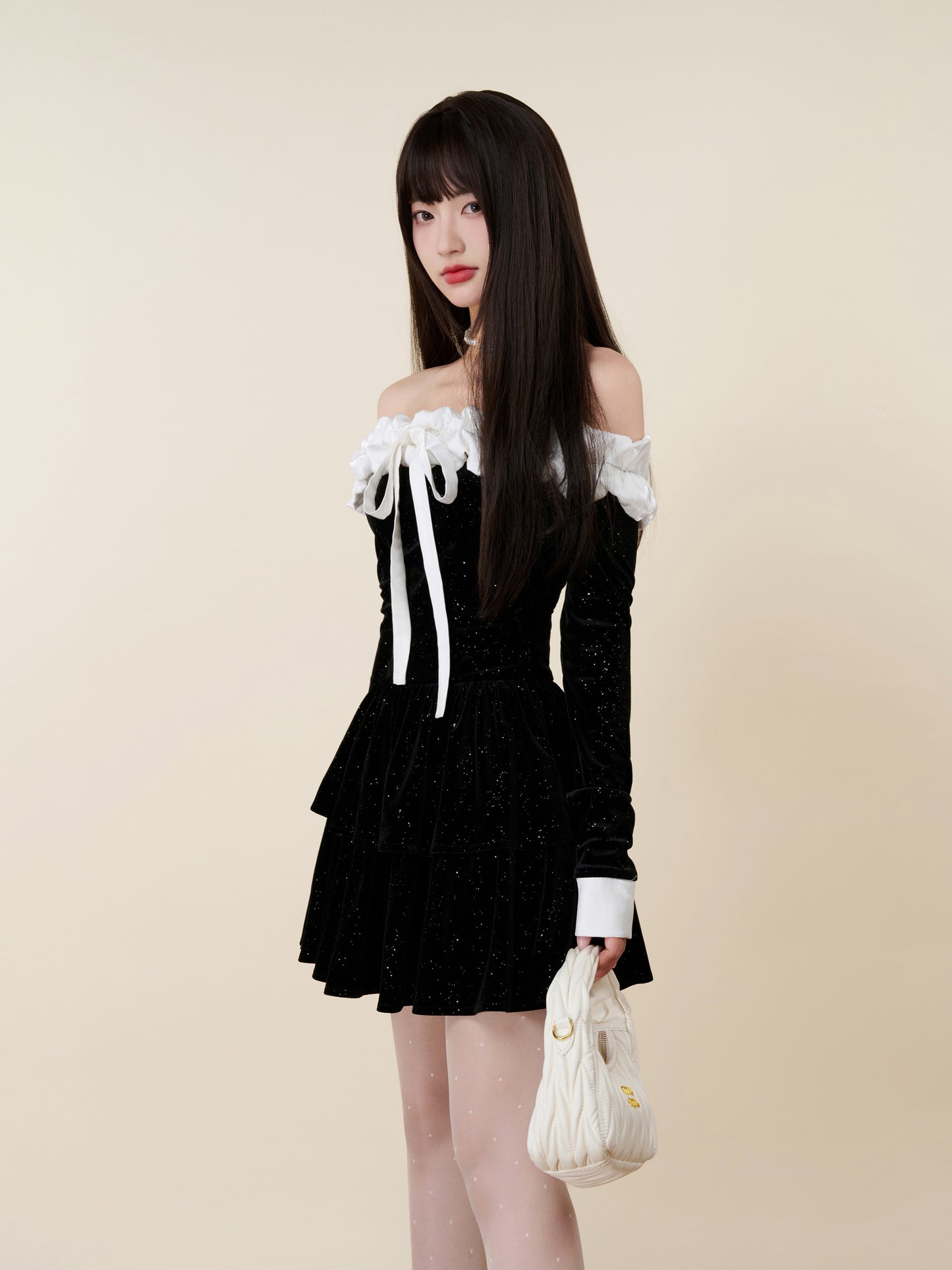 VELVET ONE-SHOULDER WAIST DRESS
