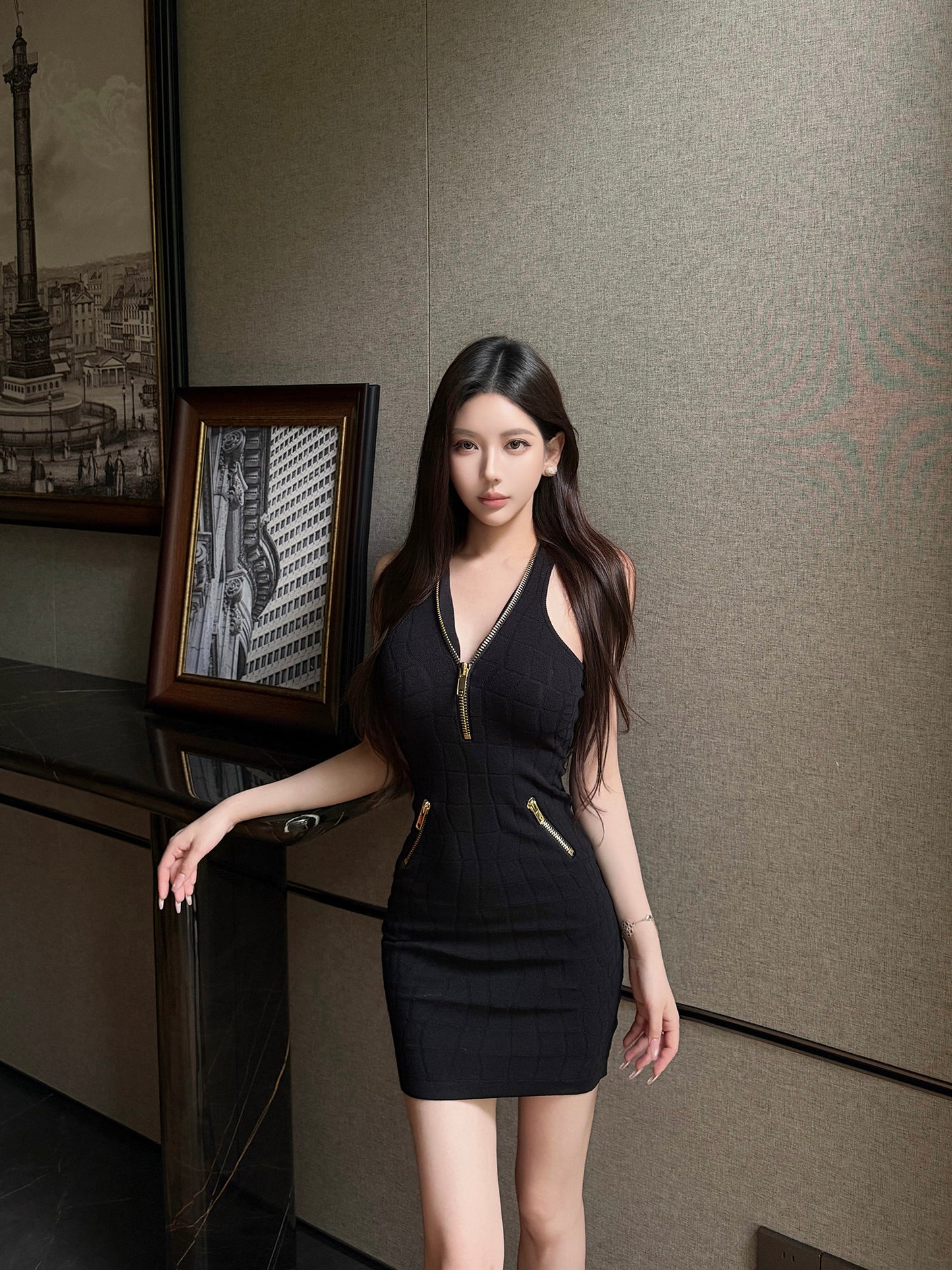 ZIP V-NECK MINI DRESS