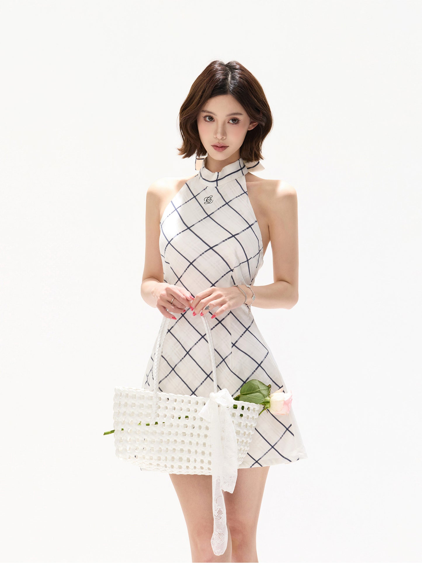 【日本在庫 】SILK HALTER CHECK DRESS