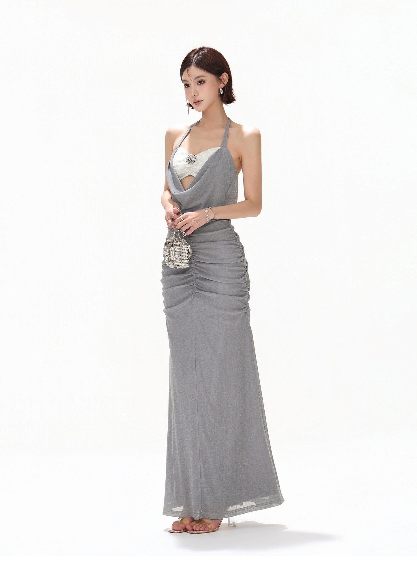 【日本在庫 】MISTY BLUE HALTER DRAPED TULLE DRESS