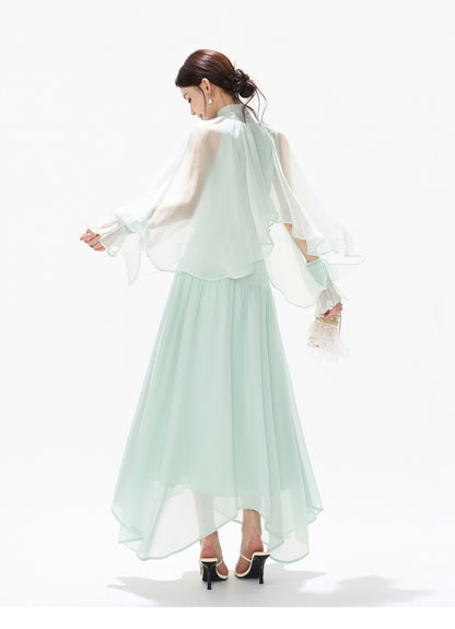 BOW HALTER ASYMMETRIC CHIFFON MAXI DRESS