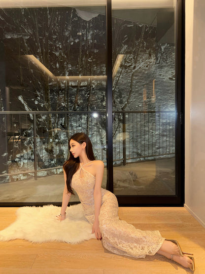 SEQUIN LACE HALTER MERMAID GOWN