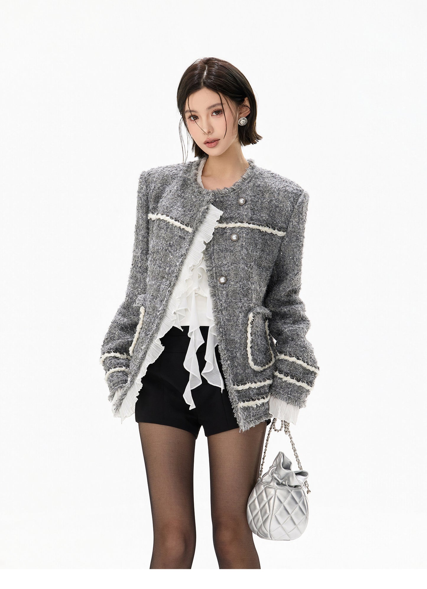 HANDWOVEN TWEED FRILL JACKET