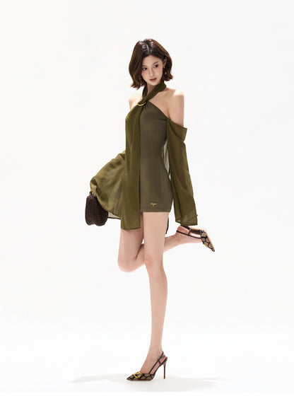 【日本在庫 】HALTER CHIFFON CUTOUT RESORT MINI DRESS