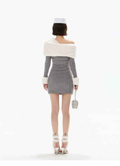 DETACHABLE FUR ONE-SHOULDER KNIT DRESS