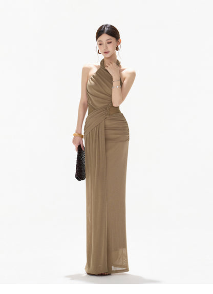 HALTER CUTOUT TULLE DRAPED EVENING DRESS