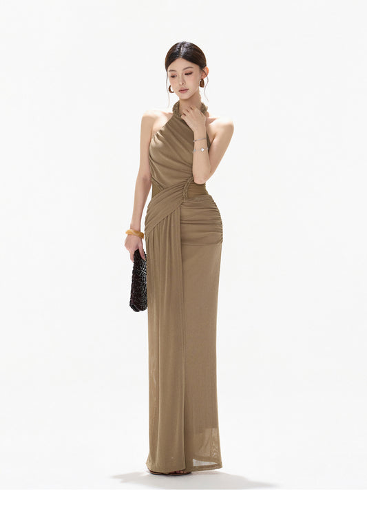 HALTER CUTOUT TULLE DRAPED EVENING DRESS