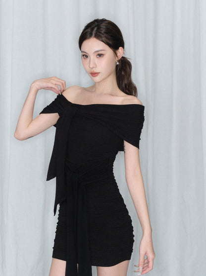 STRAPPED OFF SHOULDER SHEATH DRESS