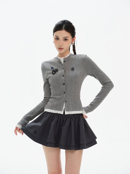 CELEBRITY LACE STITCHING KNIT CARDIGAN & HIGH WAIST PUFFY MINI SKIRT