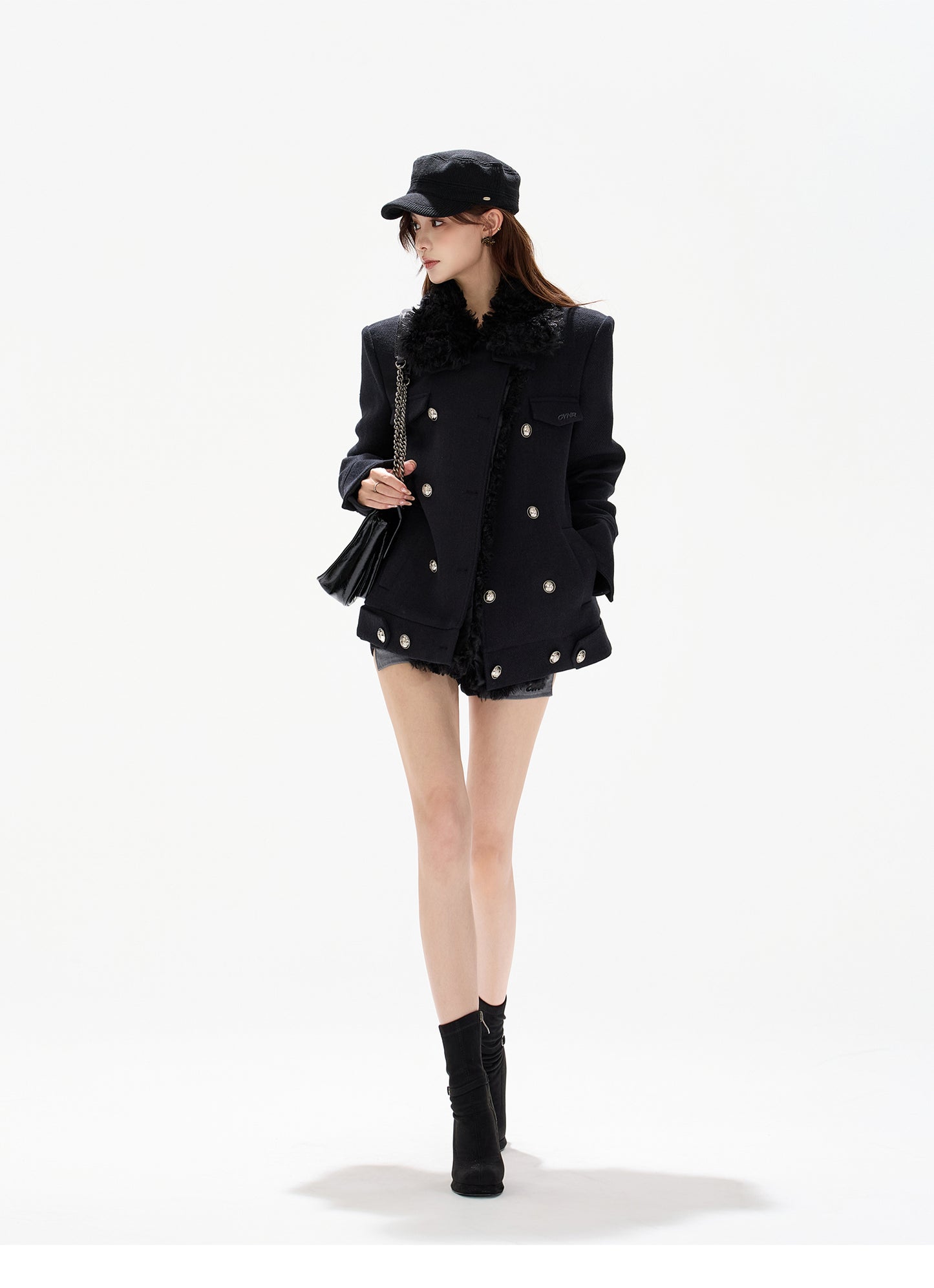 DOUBLE-BREASTED WOOL PADDED COAT WITH REMOVABLE FLEECE COLLAR