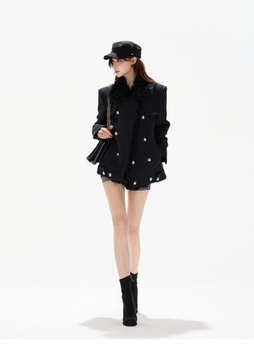 DOUBLE-BREASTED WOOL PADDED COAT WITH REMOVABLE FLEECE COLLAR