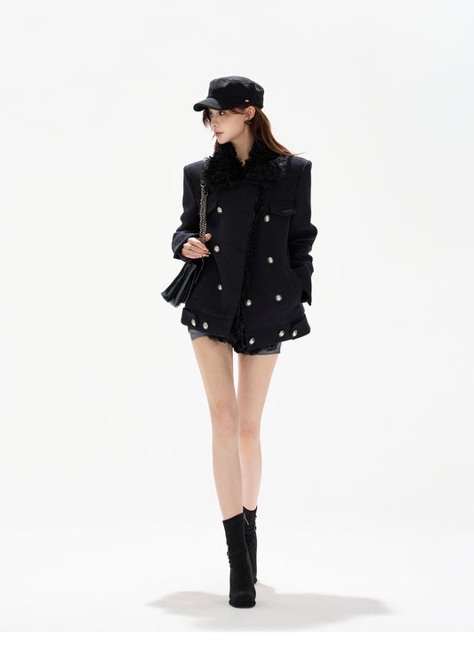 DOUBLE-BREASTED WOOL PADDED COAT WITH REMOVABLE FLEECE COLLAR