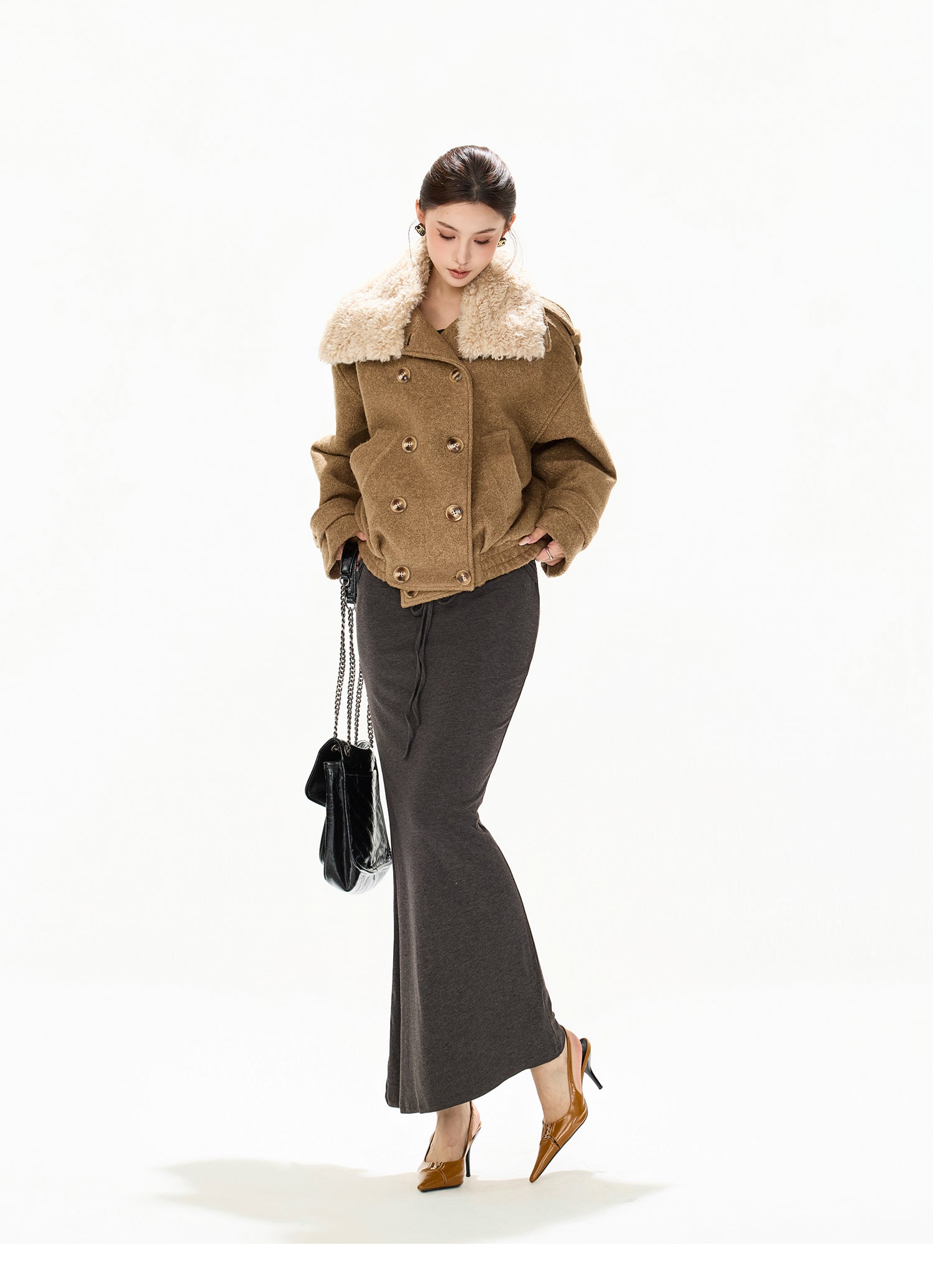 ASYMMETRIC FUR COLLAR WOOL COAT – BIBIDO
