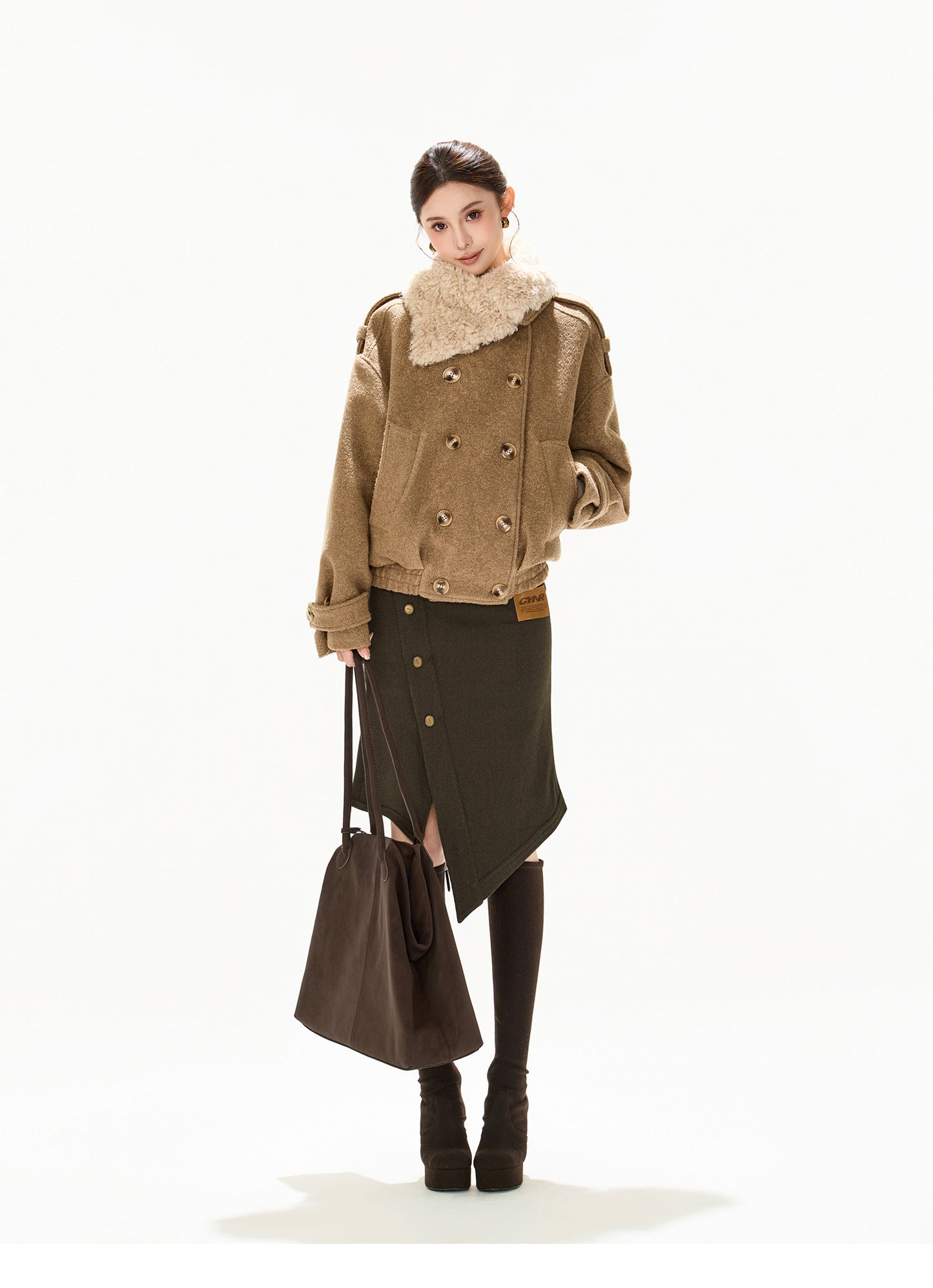 ASYMMETRIC FUR COLLAR WOOL COAT
