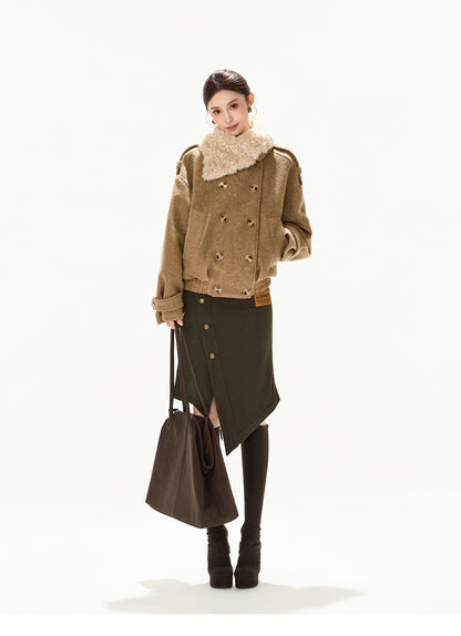 ASYMMETRIC FUR COLLAR WOOL COAT