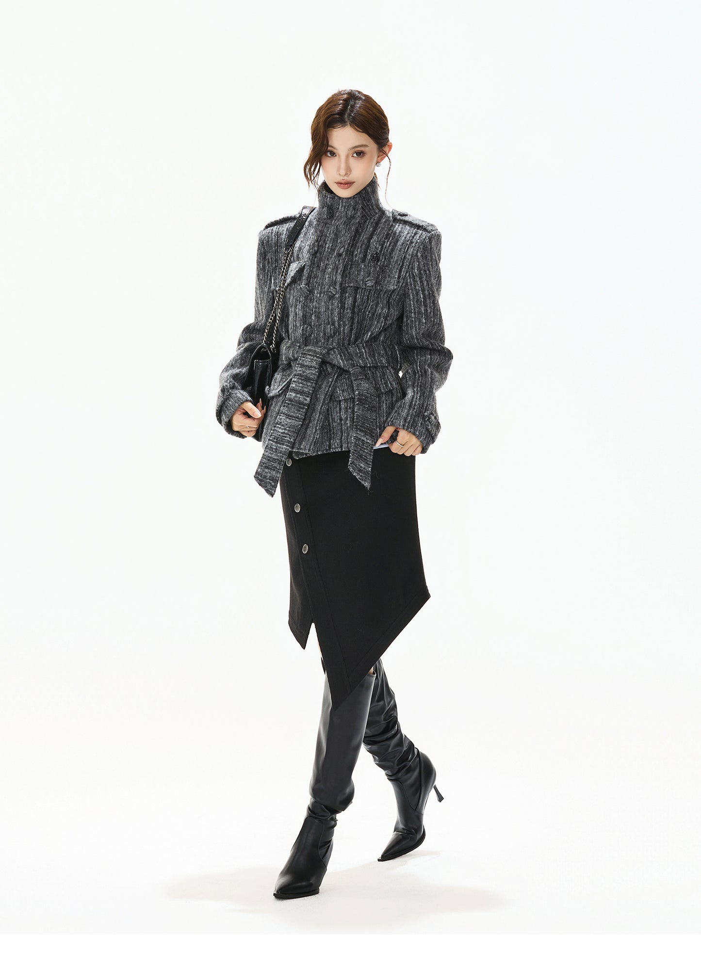 STRIPED TWEED WAISTED WOOL COAT