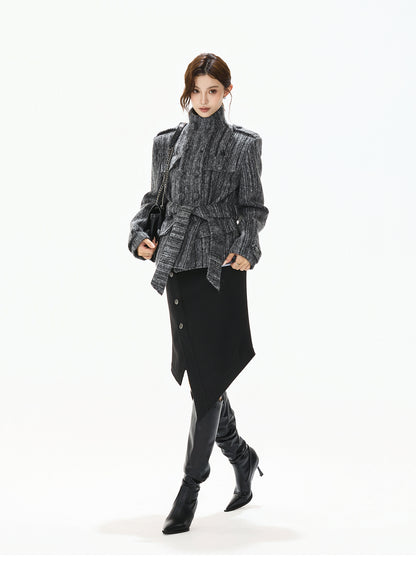 STRIPED TWEED WAISTED WOOL COAT