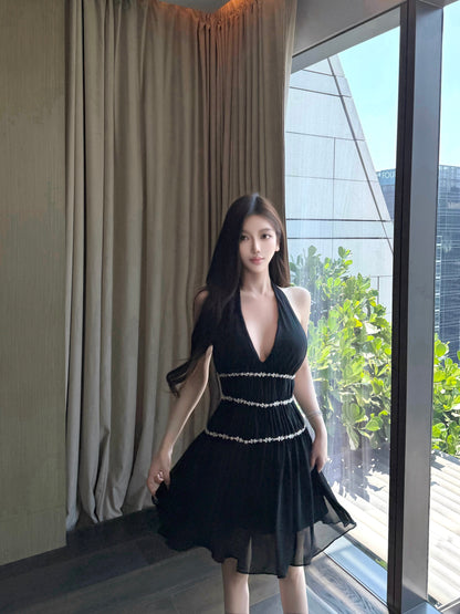 HALTER CHIFFON BACKLESS MINI DRESS