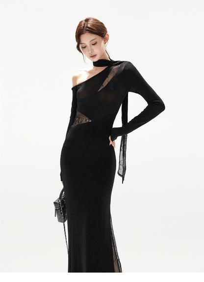 LACE PATCHWORK KNITTED SLIM ONE-PIECE