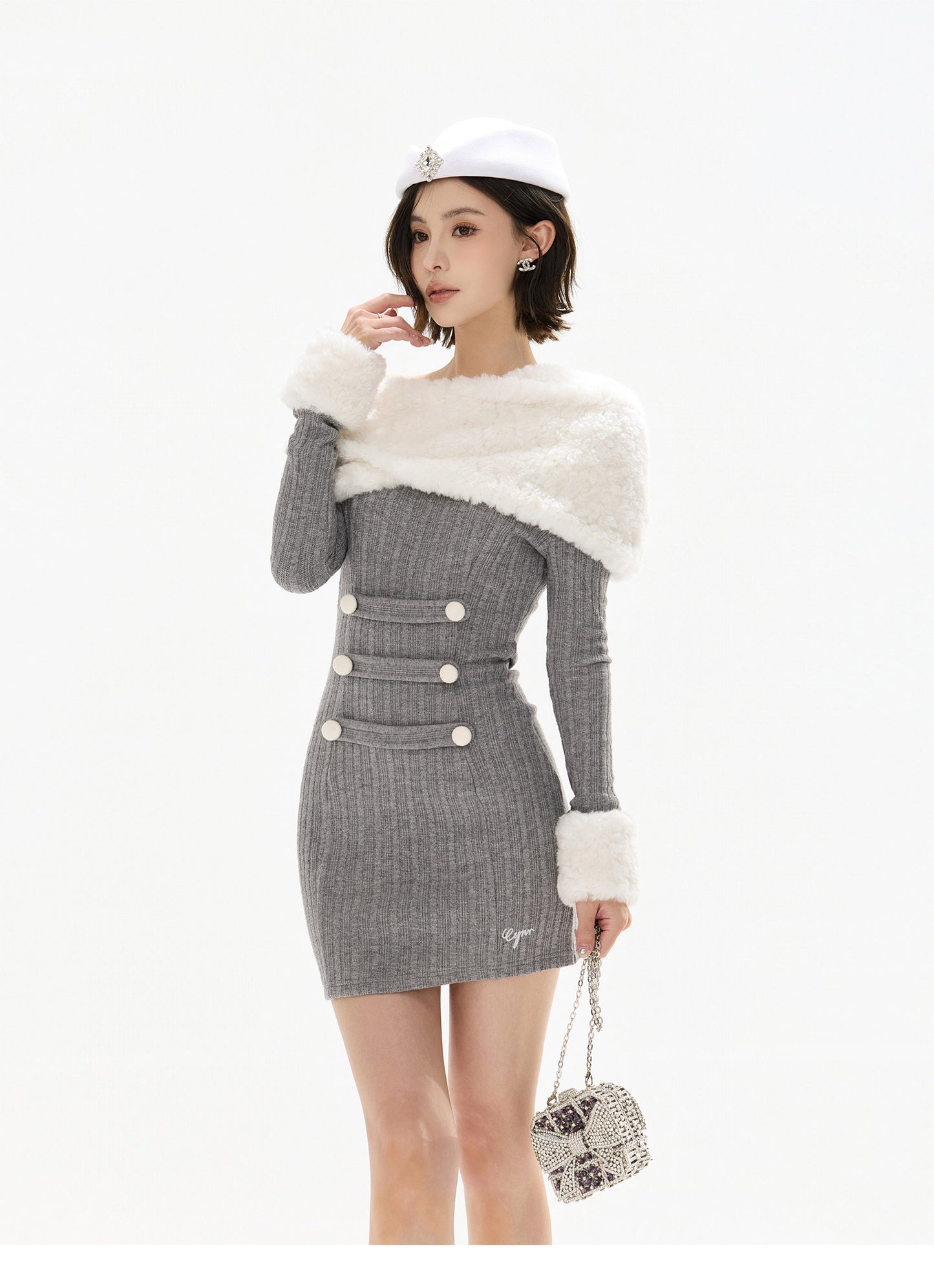 DETACHABLE FUR ONE-SHOULDER KNIT DRESS