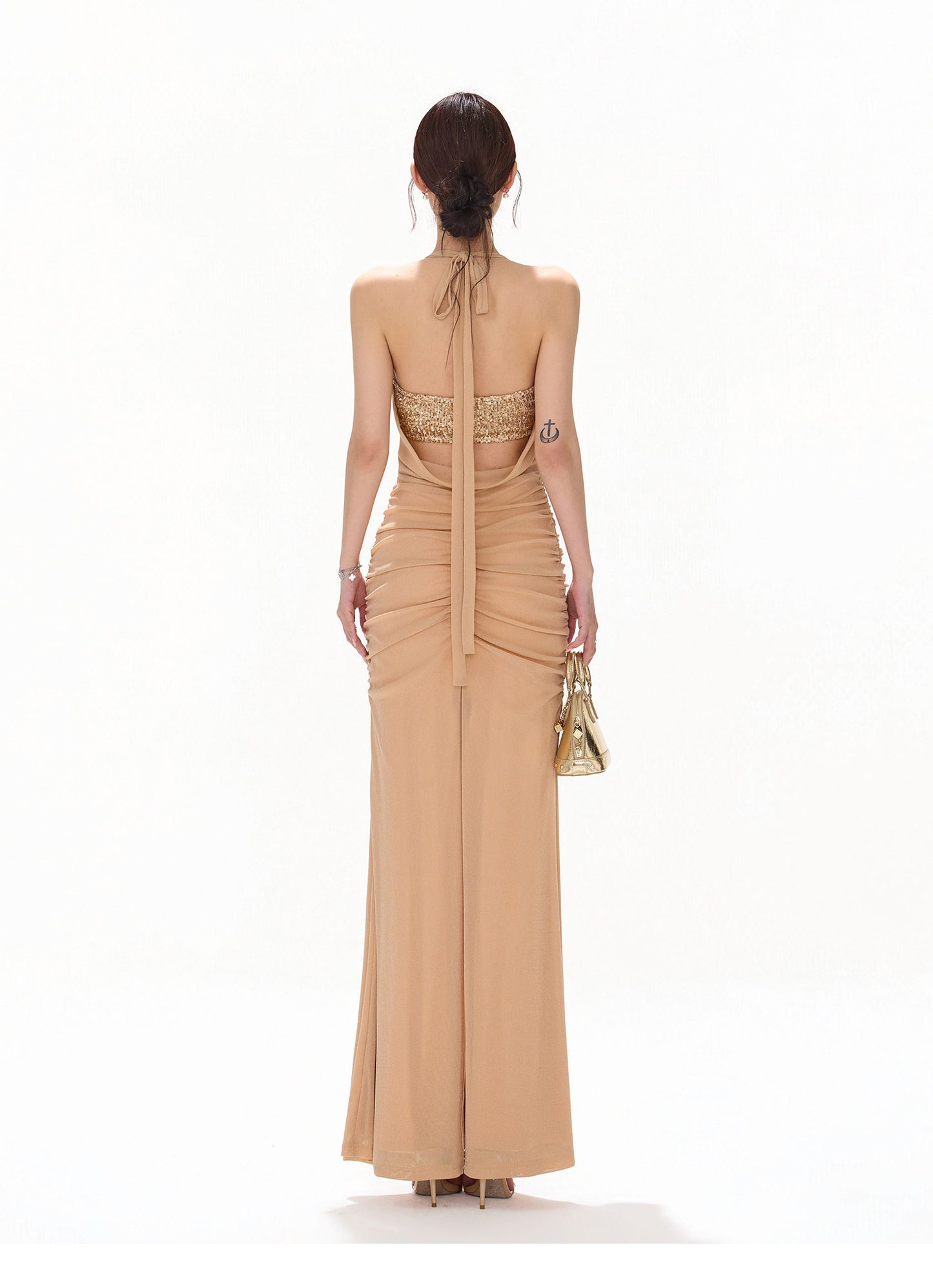 【日本在庫 】GOLD SEQUIN HALTER DRAPED CHIFFON DRESS