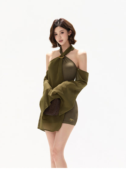 【日本在庫 】HALTER CHIFFON CUTOUT RESORT MINI DRESS