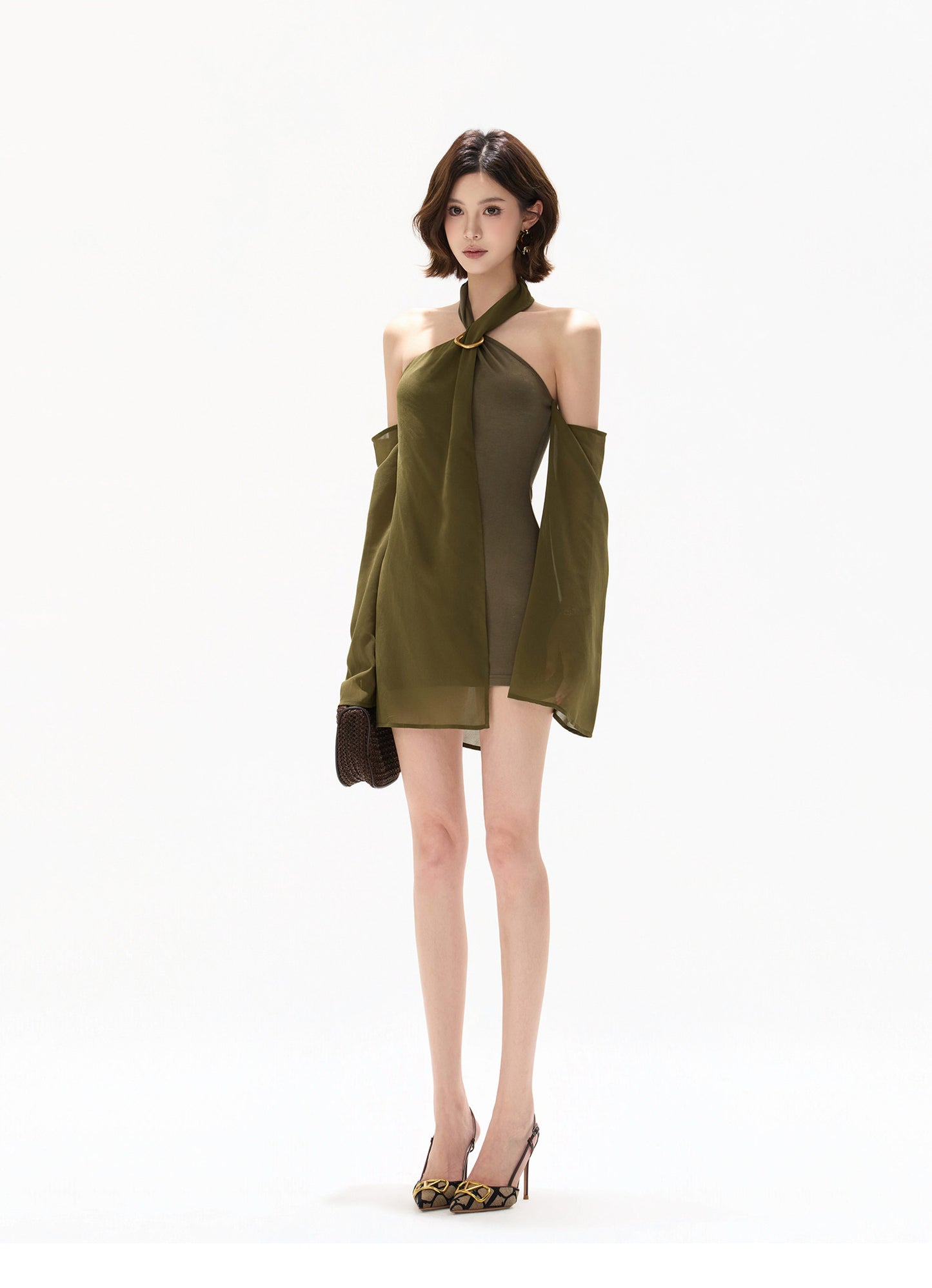 【日本在庫 】HALTER CHIFFON CUTOUT RESORT MINI DRESS