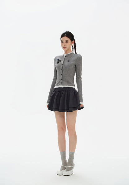 CELEBRITY LACE STITCHING KNIT CARDIGAN & HIGH WAIST PUFFY MINI SKIRT