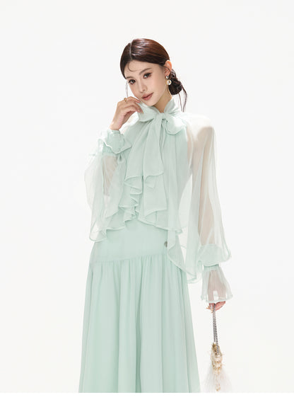 BOW HALTER ASYMMETRIC CHIFFON MAXI DRESS