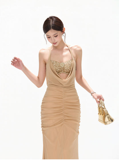 【日本在庫 】GOLD SEQUIN HALTER DRAPED CHIFFON DRESS