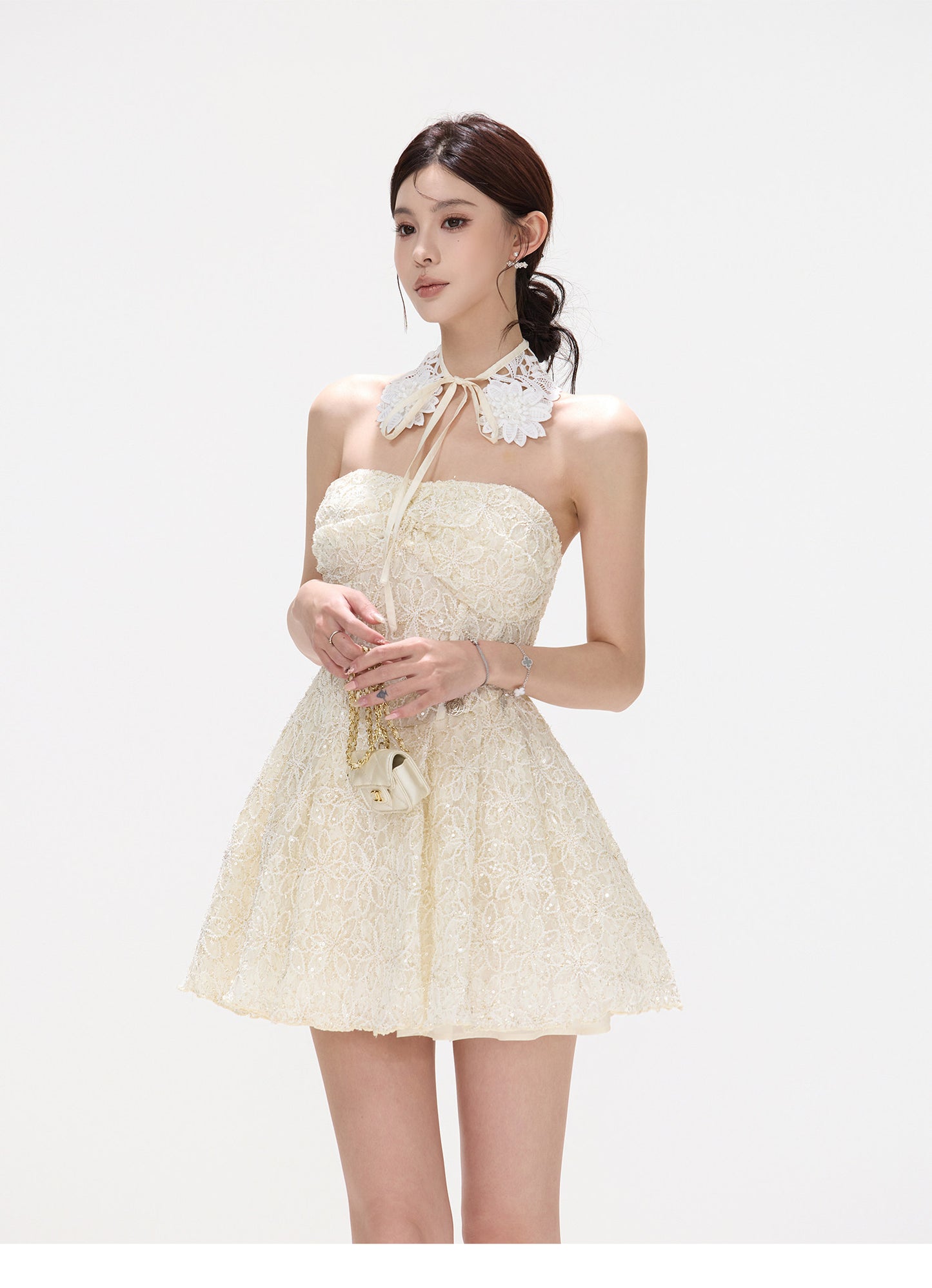 EMBROIDERED LACE STRAPLESS PUFF MINI DRESS