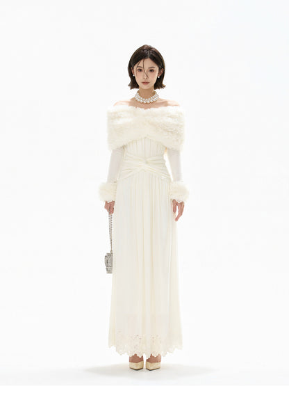 DETACHABLE FUR OFF-SHOULDER GOWN