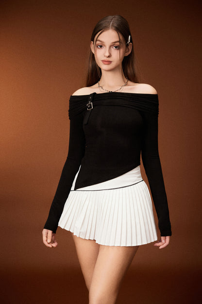 OFF SHOULDER L/S TEE & PLEATED MINI SKIRT