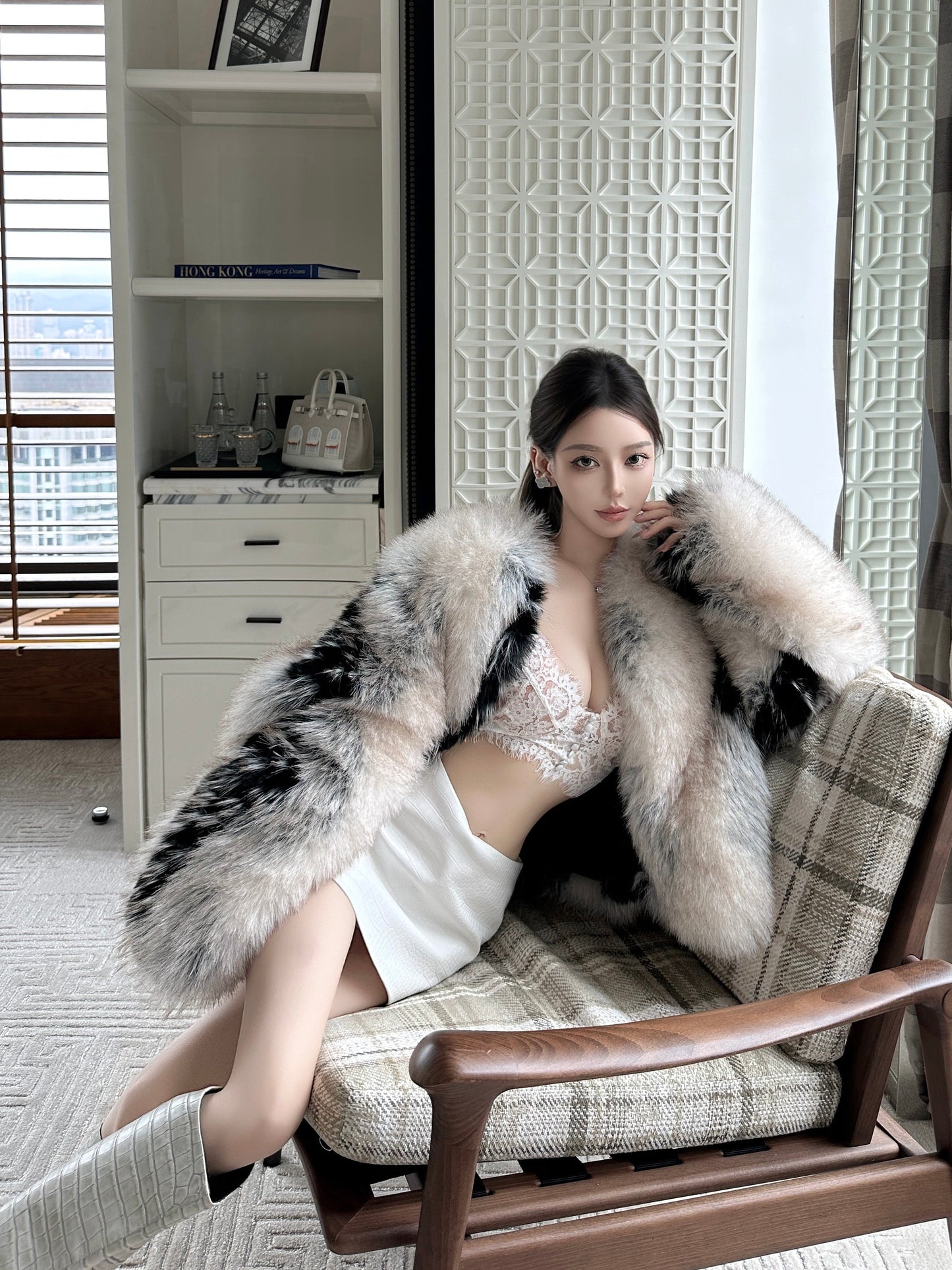 CRYSTAL BACKLESS EVENING DRESS & COLOR BLOCK ECO FUR JACKET