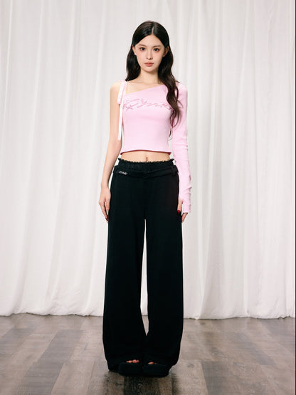 OFF-SHOULDER KNITTED RHINESTONE TOP & LACE PATCHWORK WIDE-LEG PANTS