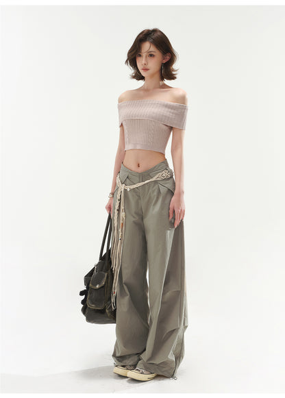 RETRO OFF-SHOULDER CABLE CROP TOP & LOW WAIST CARGO LOOSE PANTS