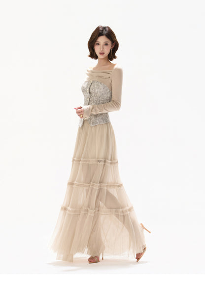 PLEATED TULLE LAYERED MAXI SKIRT