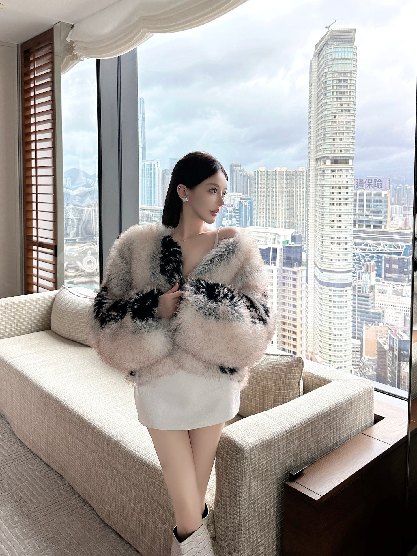CRYSTAL BACKLESS EVENING DRESS & COLOR BLOCK ECO FUR JACKET