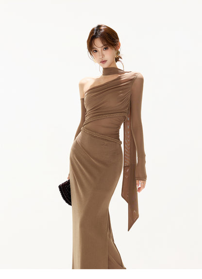FRENCH RETRO MESH SLIM LONG DRESS