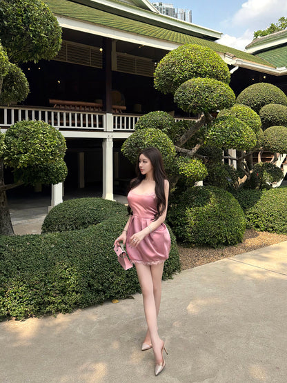 PINK SATIN LACE MINI DRESS