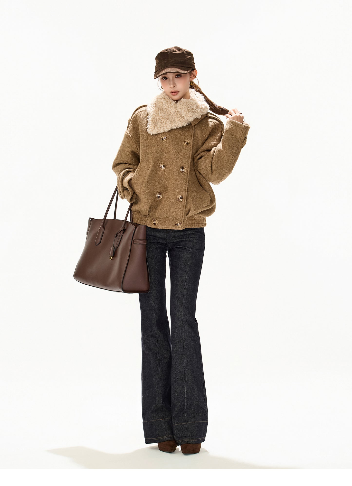 ASYMMETRIC FUR COLLAR WOOL COAT
