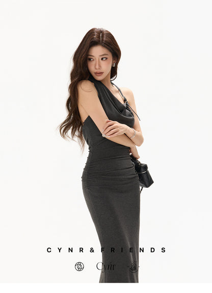 【日本在庫 】DARK GREY HALTER DRAPED KNIT DRESS