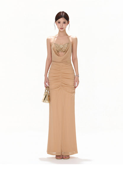 【日本在庫 】GOLD SEQUIN HALTER DRAPED CHIFFON DRESS