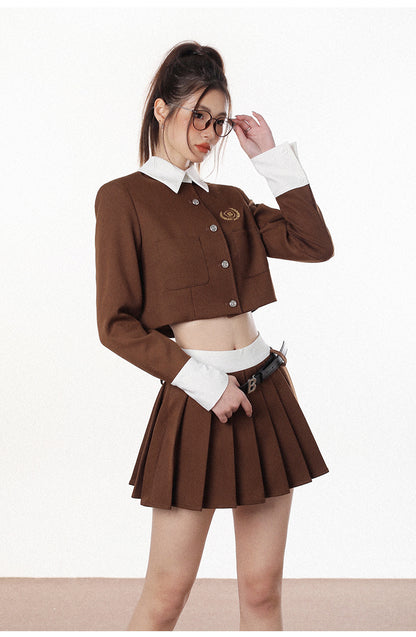 FAKE TWO PIECE SHIRT PLEATED SKIRT SUIT